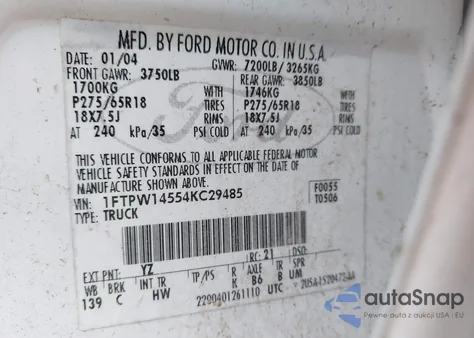 2004 Ford F-150 Fx4/Lariat/Xlt z USA, uszkodzony, nr VIN 1FTPW14554KC29485